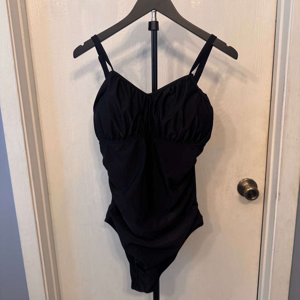 Black One Piece Swimsuit Tummy Control Ruched Adjustable Straps